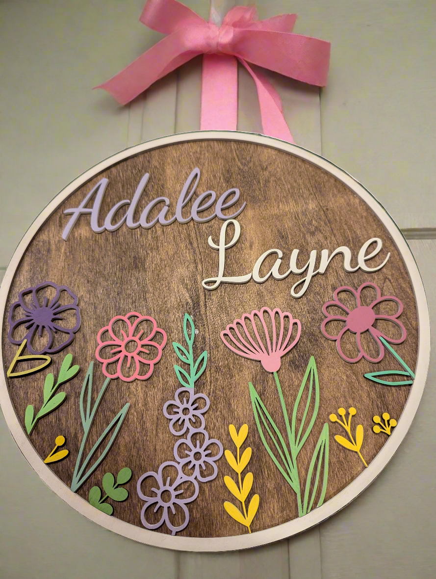 Floral round name door sign